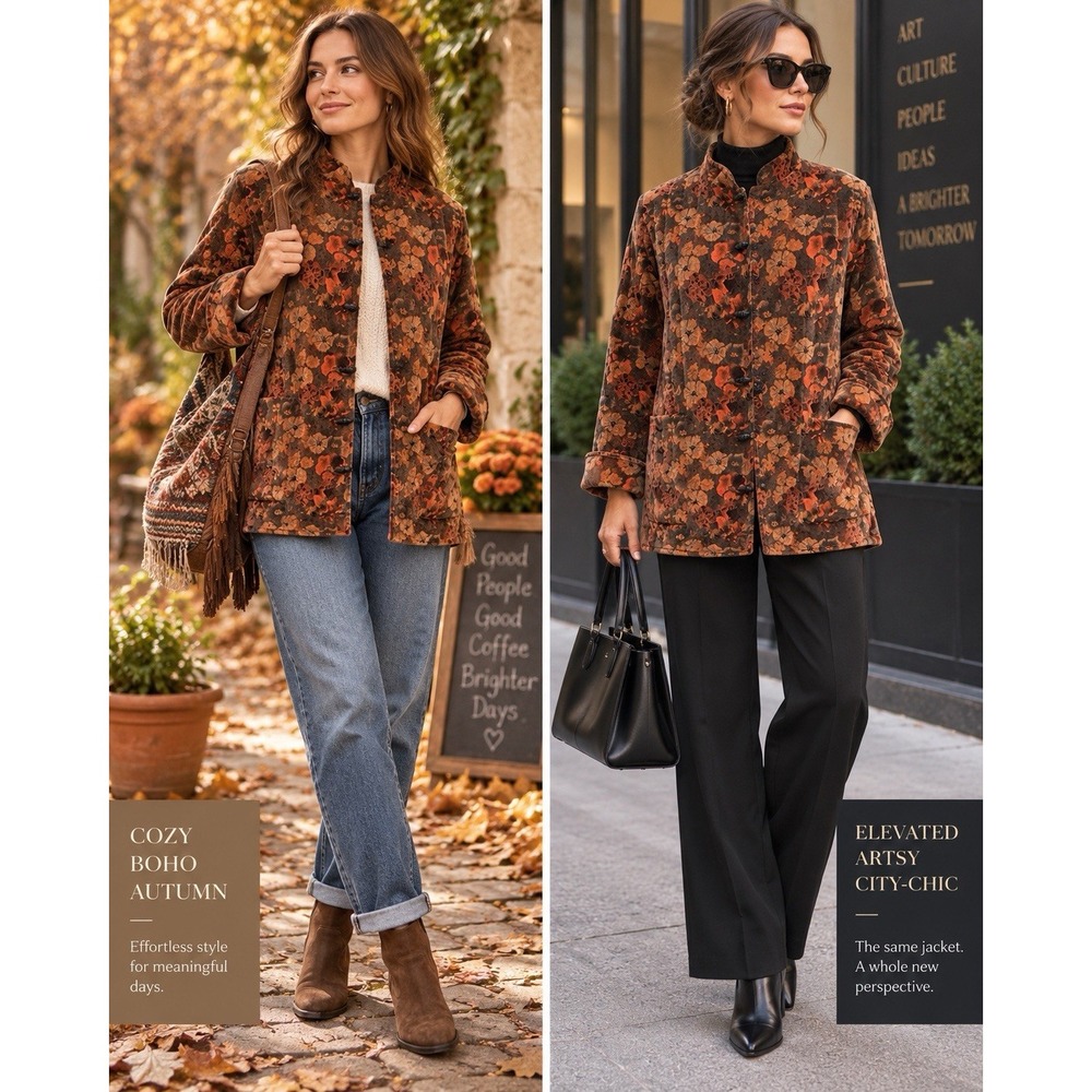 Vintage Velvet Floral Quilted Jacket M Brown Rust Orange Toggle Boho Artsy